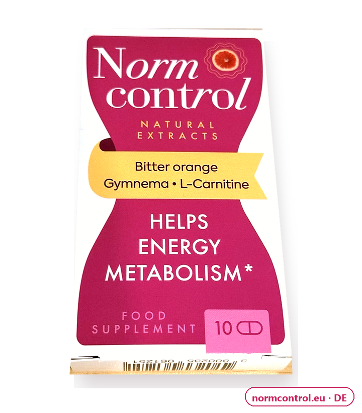Normcontrol – weiß-rosa Faltschachtel mit 10 Kapseln, Nahrungsergänzungsmittel (Bitter orange, Gymnema, L-Carnitine)