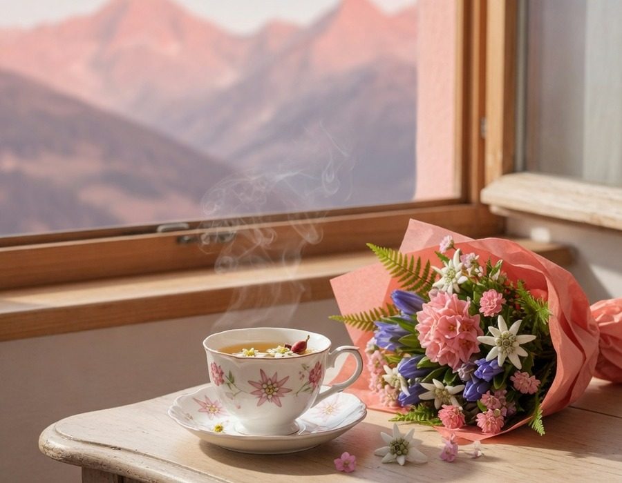 Holztisch am Fenster mit Bergblick: eine Tasse Kräutertee und ein kleiner Strauß Almblumen