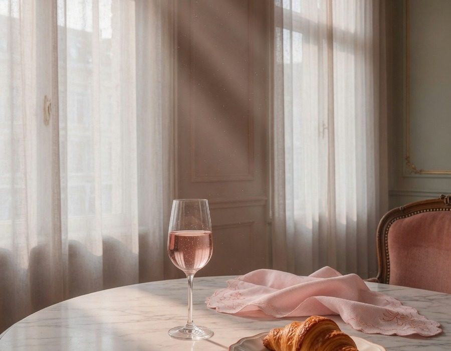 Table de cuisine dans un appartement bruxellois : verre d’eau, agenda et petit vase de tulipes roses
