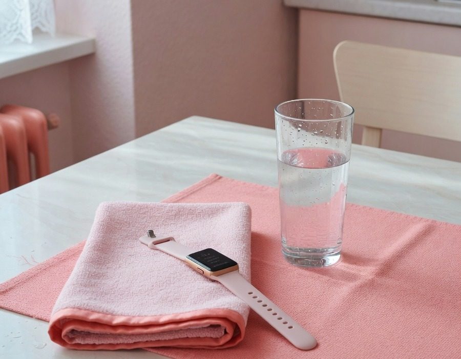 Küchentisch in einer Stadtwohnung: Glas Wasser, Fitness-Tracker und ein rosa Handtuch