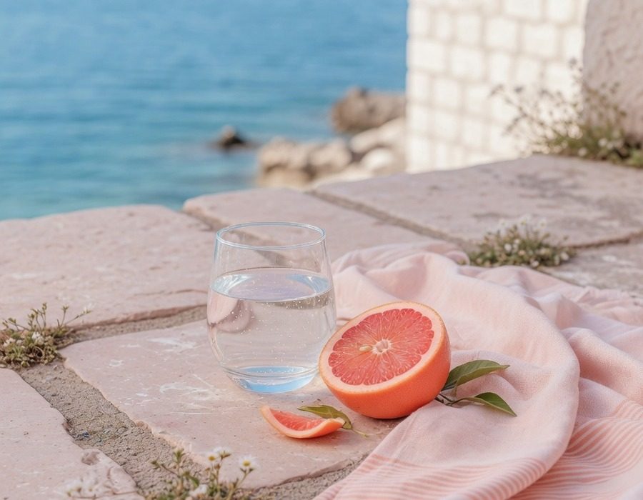 Kamena terasa na hrvatskoj obali: čaša vode, agrum i svijetloružičasti ručnik za plažu, more u pozadini