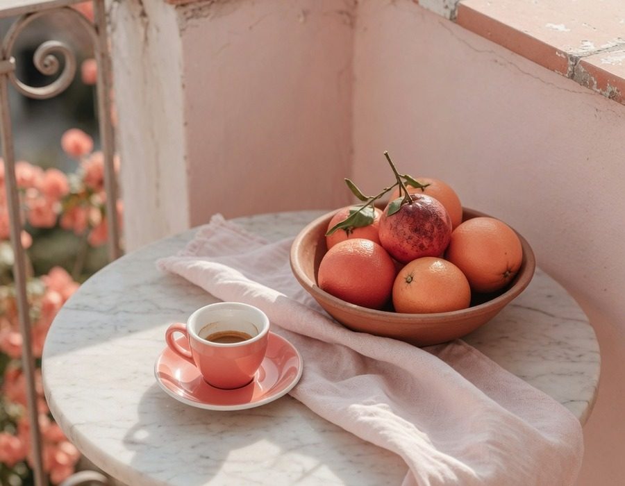 Tavolo della colazione su un balcone italiano: tazzina di caffè, ciotola di arance e tovagliolo di lino