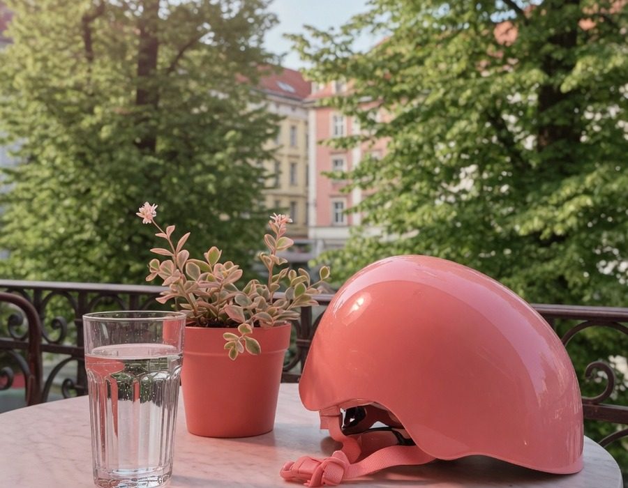 Miza na ljubljanski kavarniški terasi: kozarec vode, majhna lončnica in rožnata kolesarska čelada